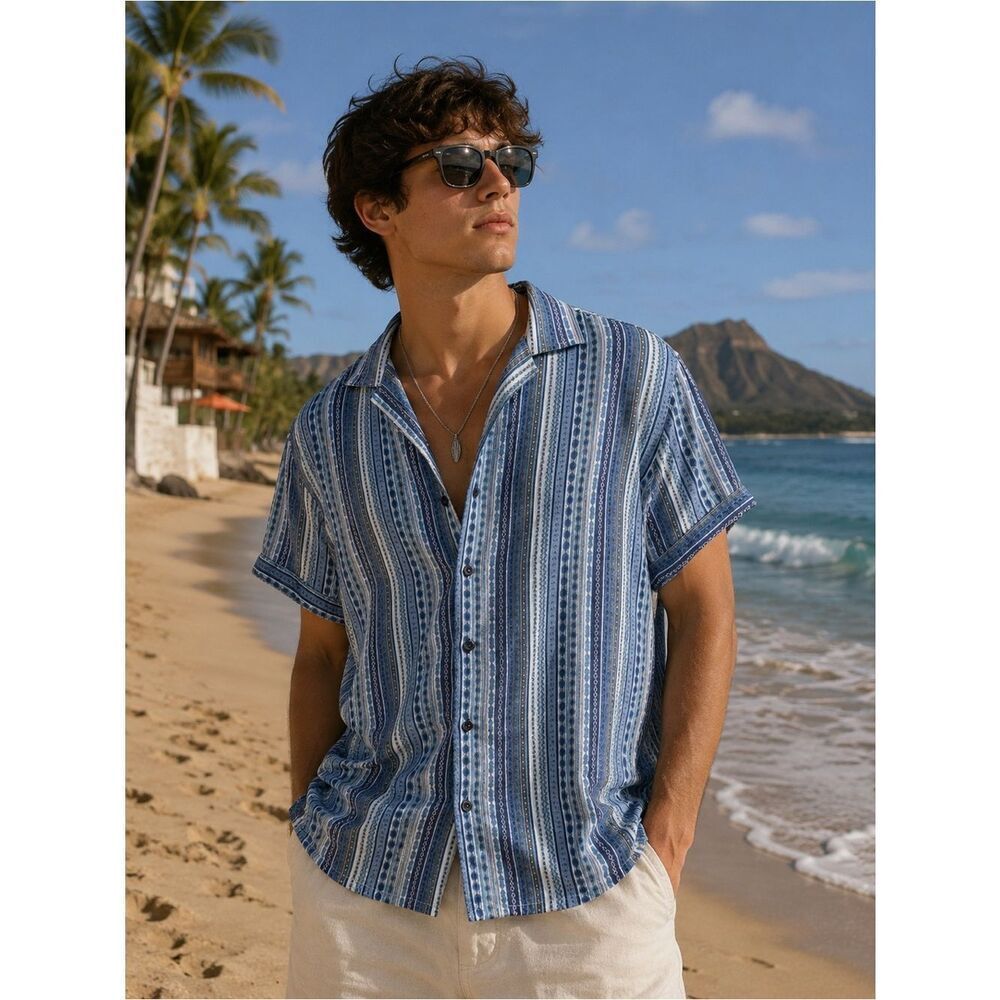 Robert Graham Admiral Storm Cotton Geo Stripe Classic Fit Button Down Shirt Sz S